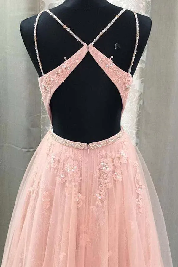 Blush V Neck Prom Dresses with Rhinestone Long Prom Dresses with Appliques APP0830