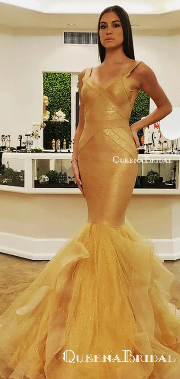 Charming Spaghetti Strap Sparkly Gold Sequin Mermiad Long Cheap Formal Evening Prom Dresses, PDS0050