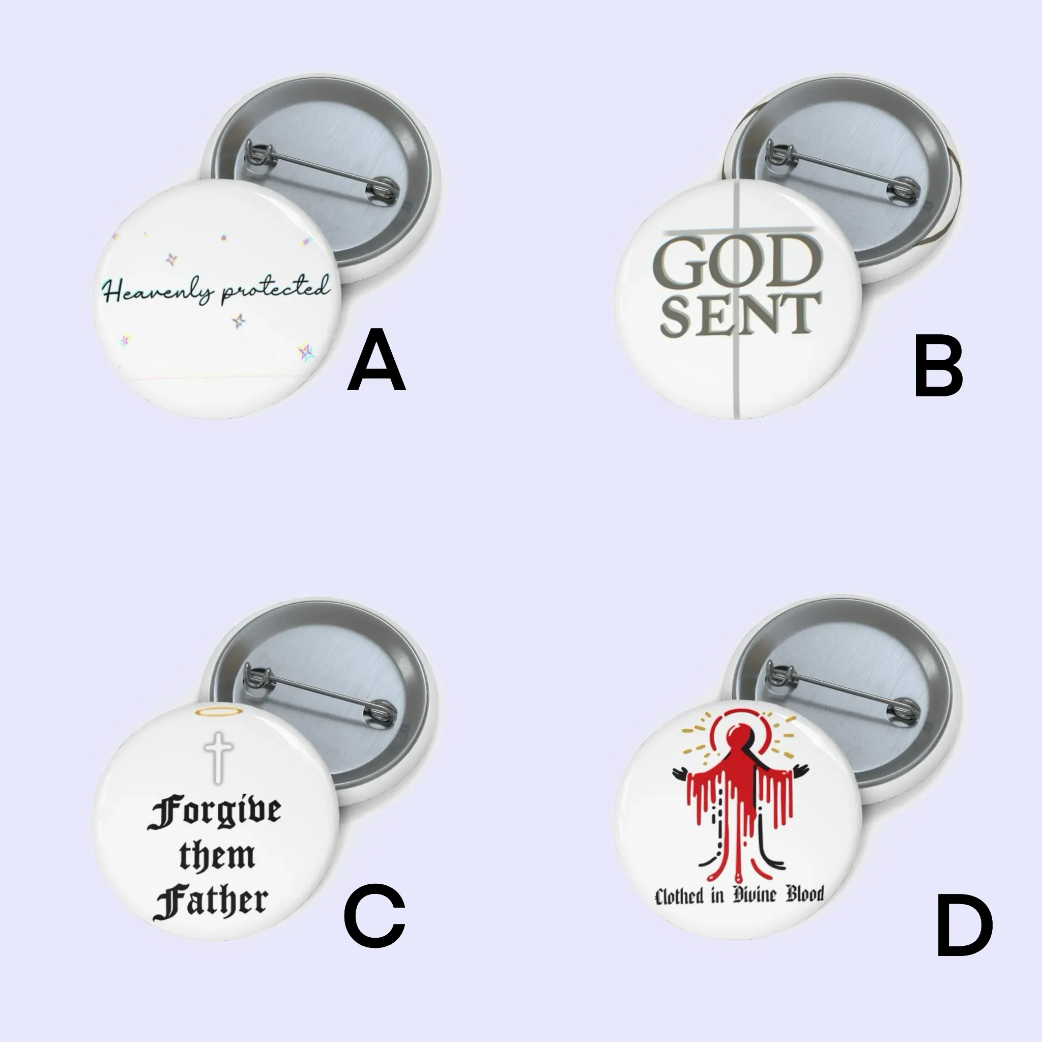Faith-Inspired Pin Badge Set – Christian 25mm Pins | Blood of Jesus, Heavenly Protected, God Sent, Forgive Them Father