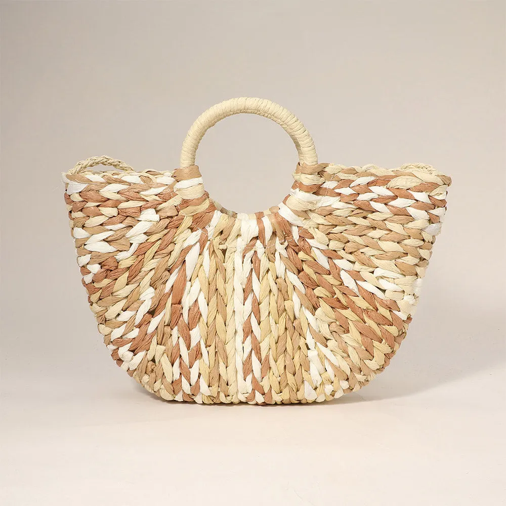Multi Color Weave Round Handle Straw Handbag
