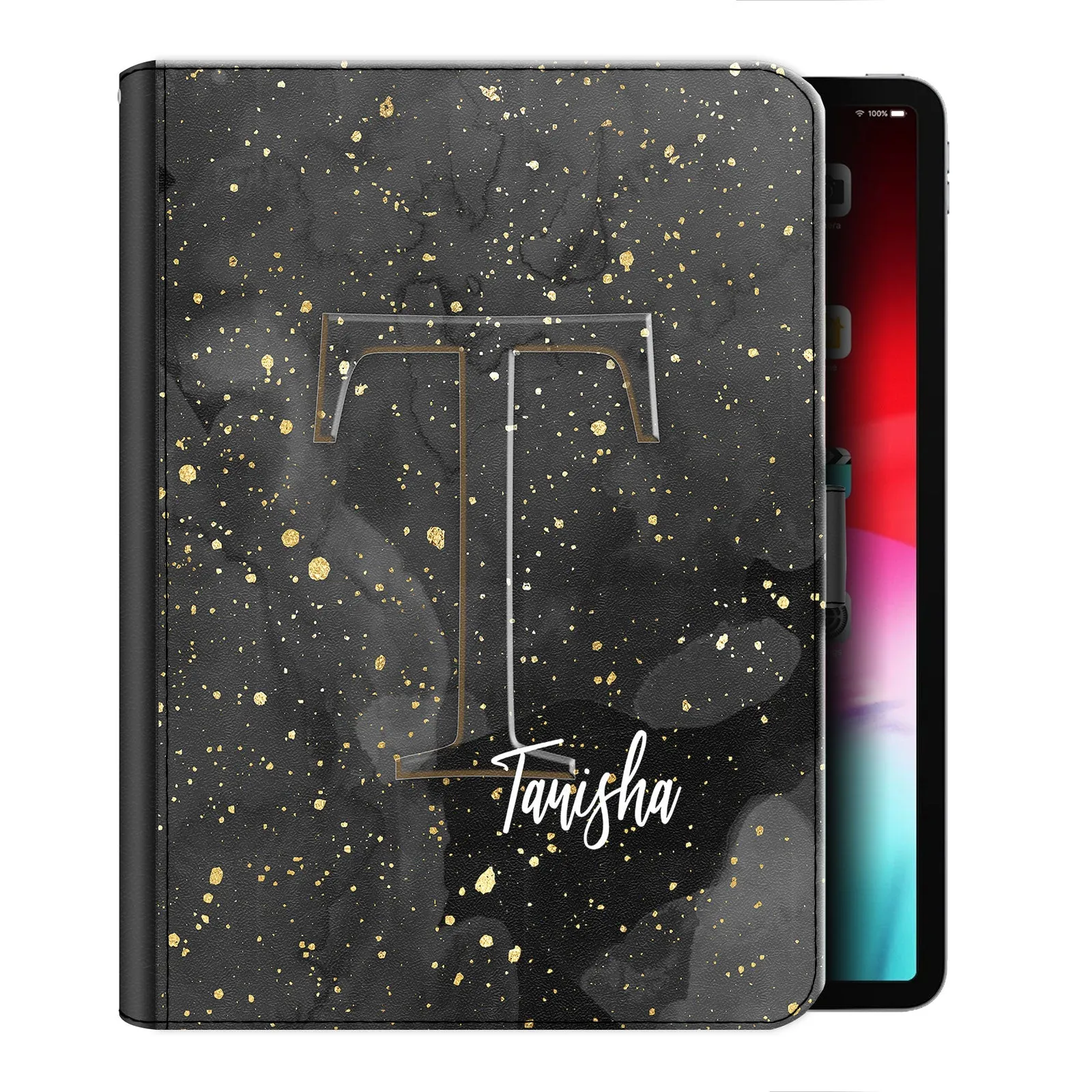 Personalised Leather iPad Case - Grey Speckled Marble with Text