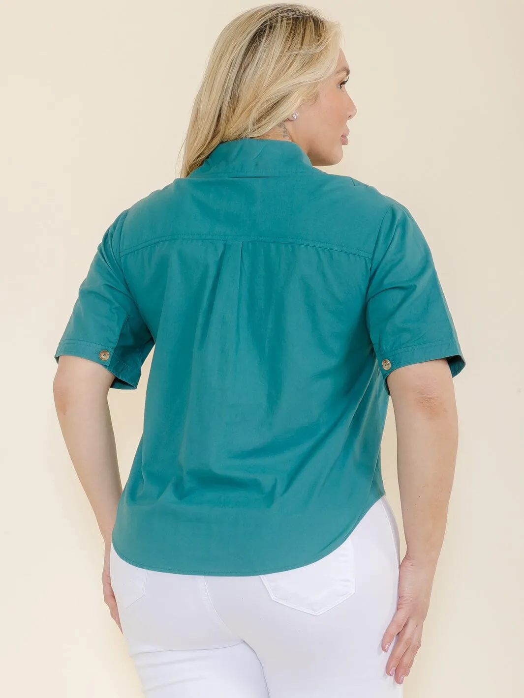 PLUS SIZE SHORT SLEEVE BUTTON UP FRONT POCKET TOP