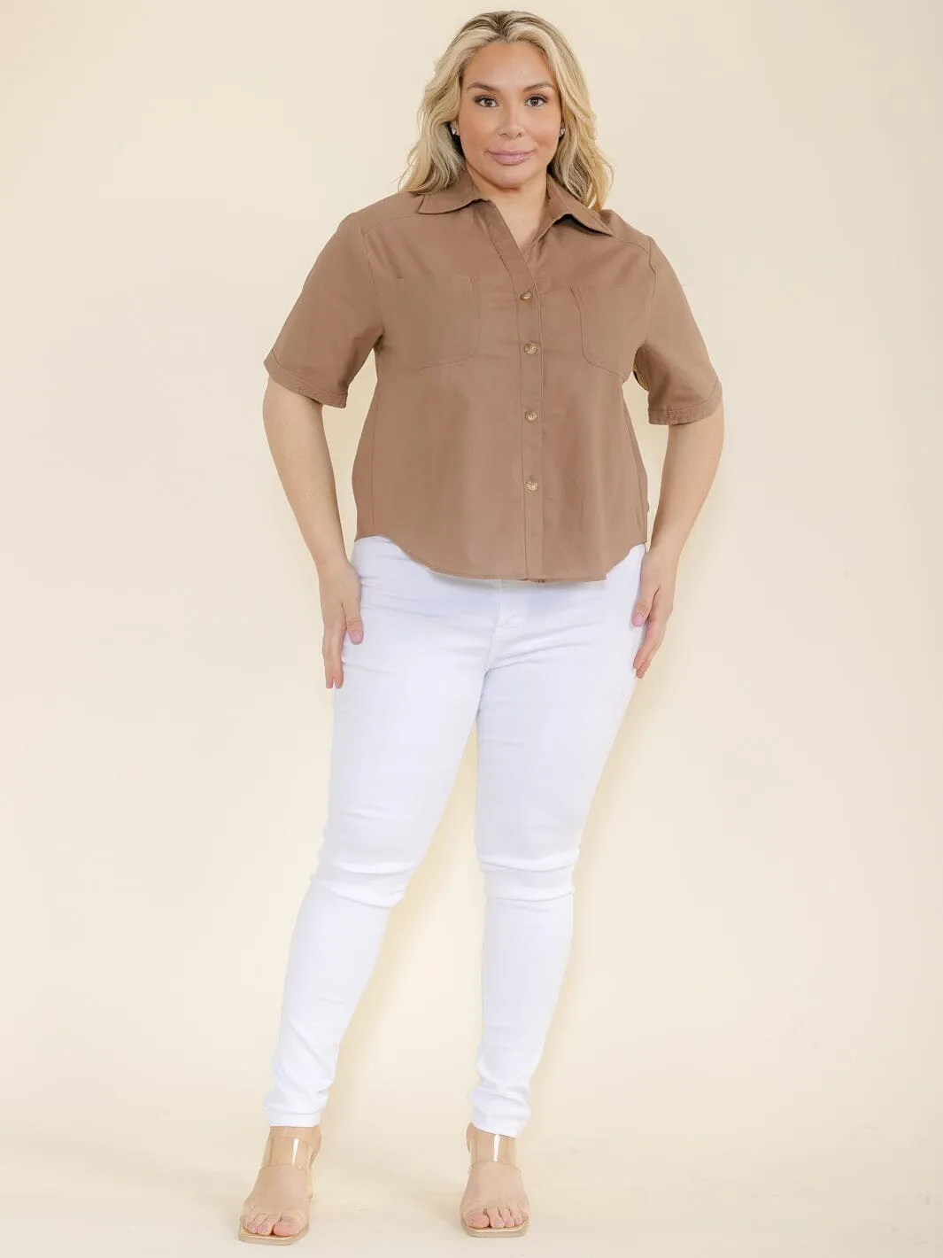 PLUS SIZE SHORT SLEEVE BUTTON UP FRONT POCKET TOP