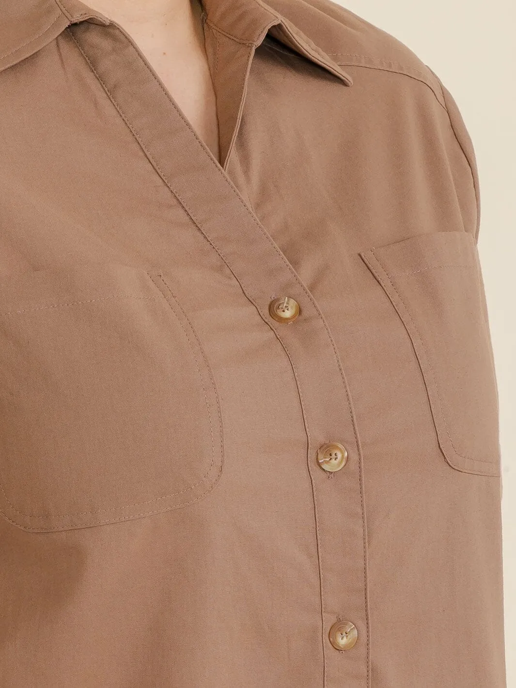 PLUS SIZE SHORT SLEEVE BUTTON UP FRONT POCKET TOP
