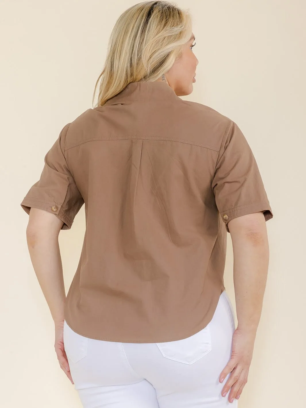 PLUS SIZE SHORT SLEEVE BUTTON UP FRONT POCKET TOP