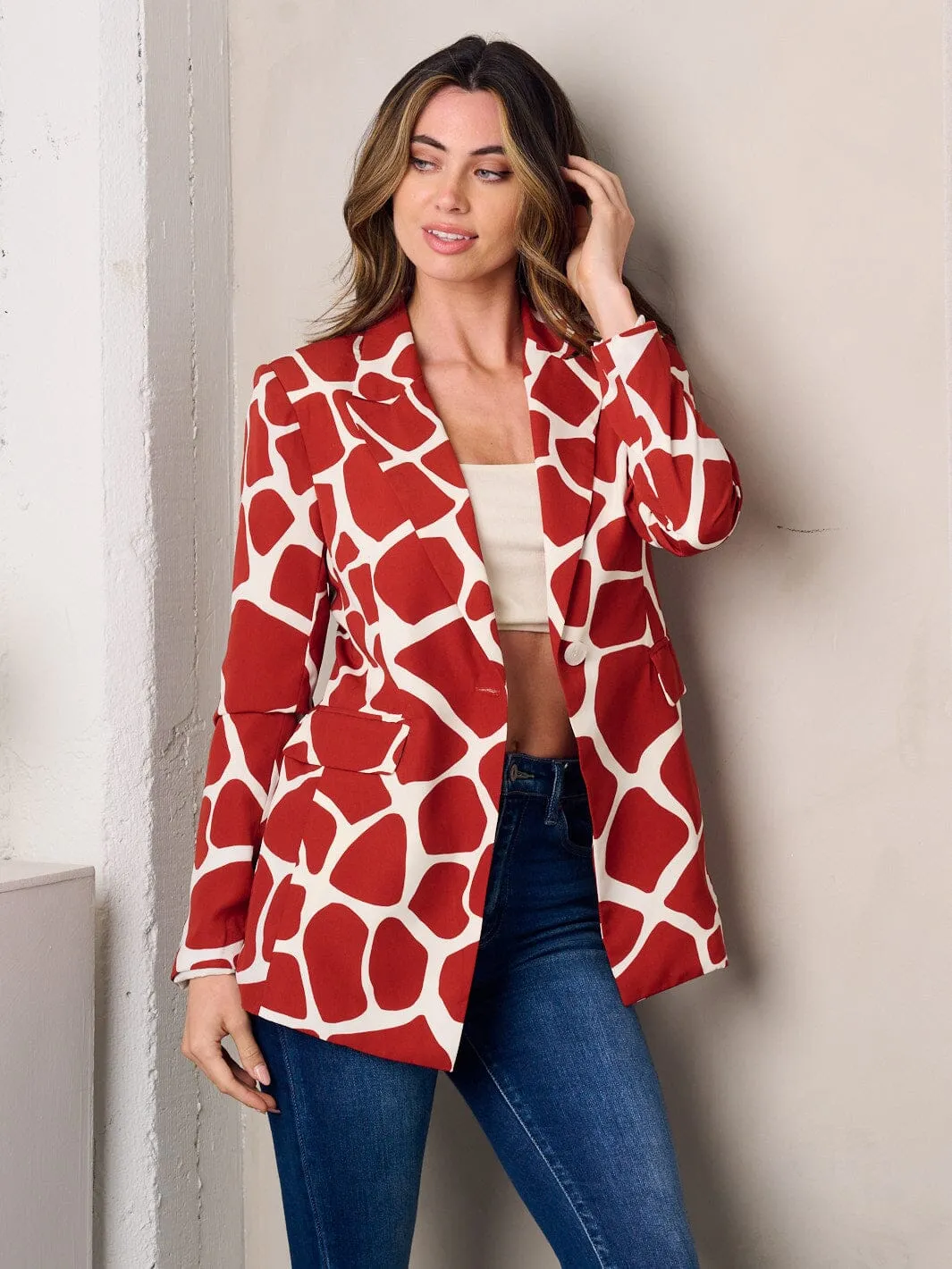WOMEN'S 3/4 SLEEVE OPEN FRONT MULTI PRINT BLAZER