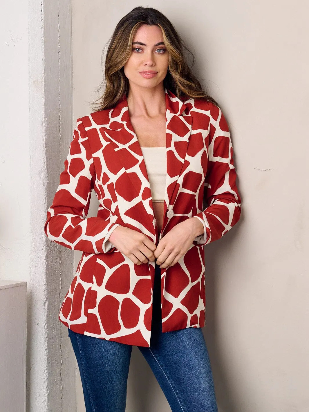 WOMEN'S 3/4 SLEEVE OPEN FRONT MULTI PRINT BLAZER