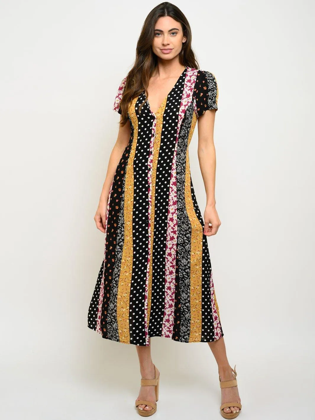 WOMEN'S BUTTON UP MULTI PRINT MAXI DRESS