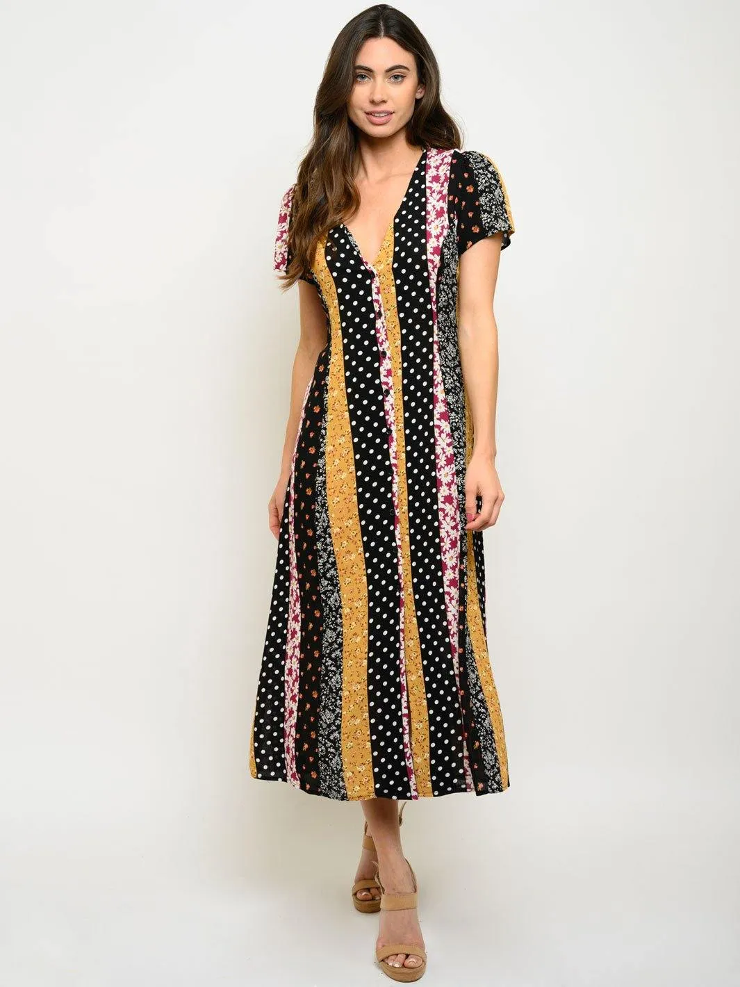 WOMEN'S BUTTON UP MULTI PRINT MAXI DRESS