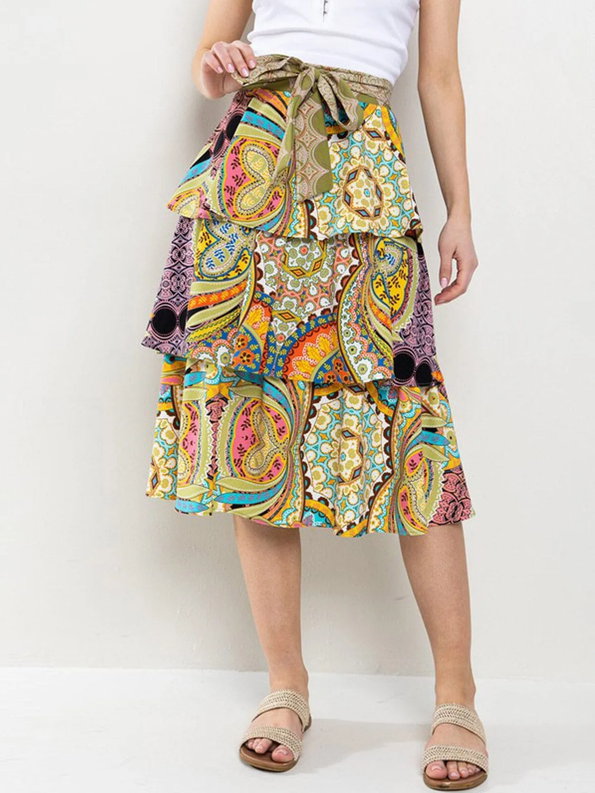 WOMEN'S ELASTIC WAISTBAND TIERED RUFFLE MULTI PRINT MIDI SKIRT