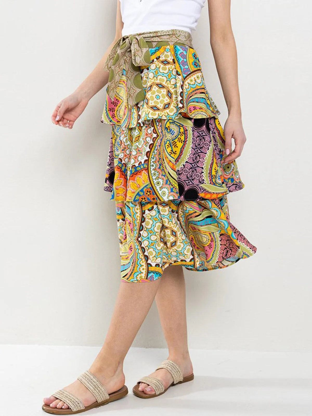 WOMEN'S ELASTIC WAISTBAND TIERED RUFFLE MULTI PRINT MIDI SKIRT