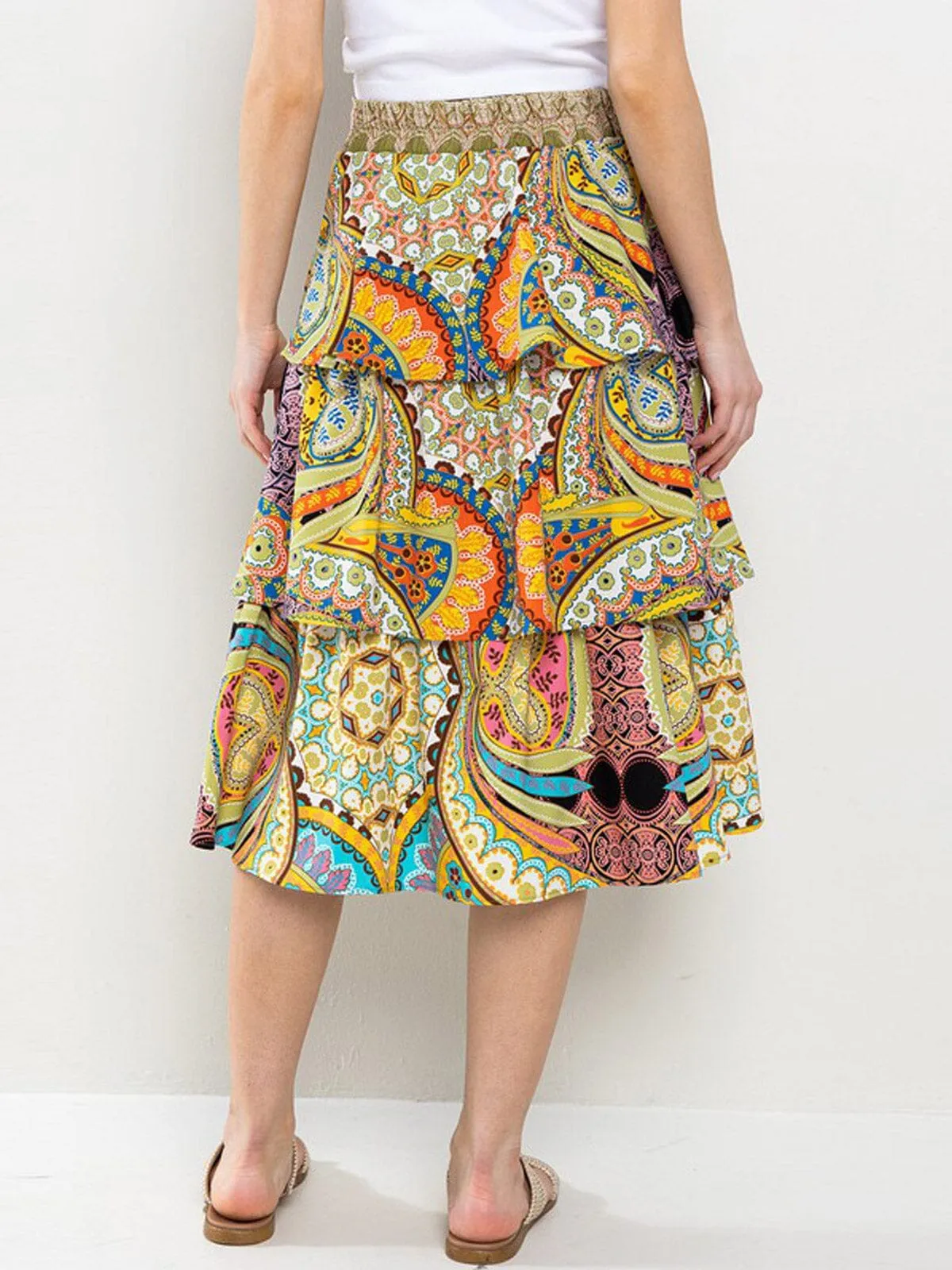 WOMEN'S ELASTIC WAISTBAND TIERED RUFFLE MULTI PRINT MIDI SKIRT