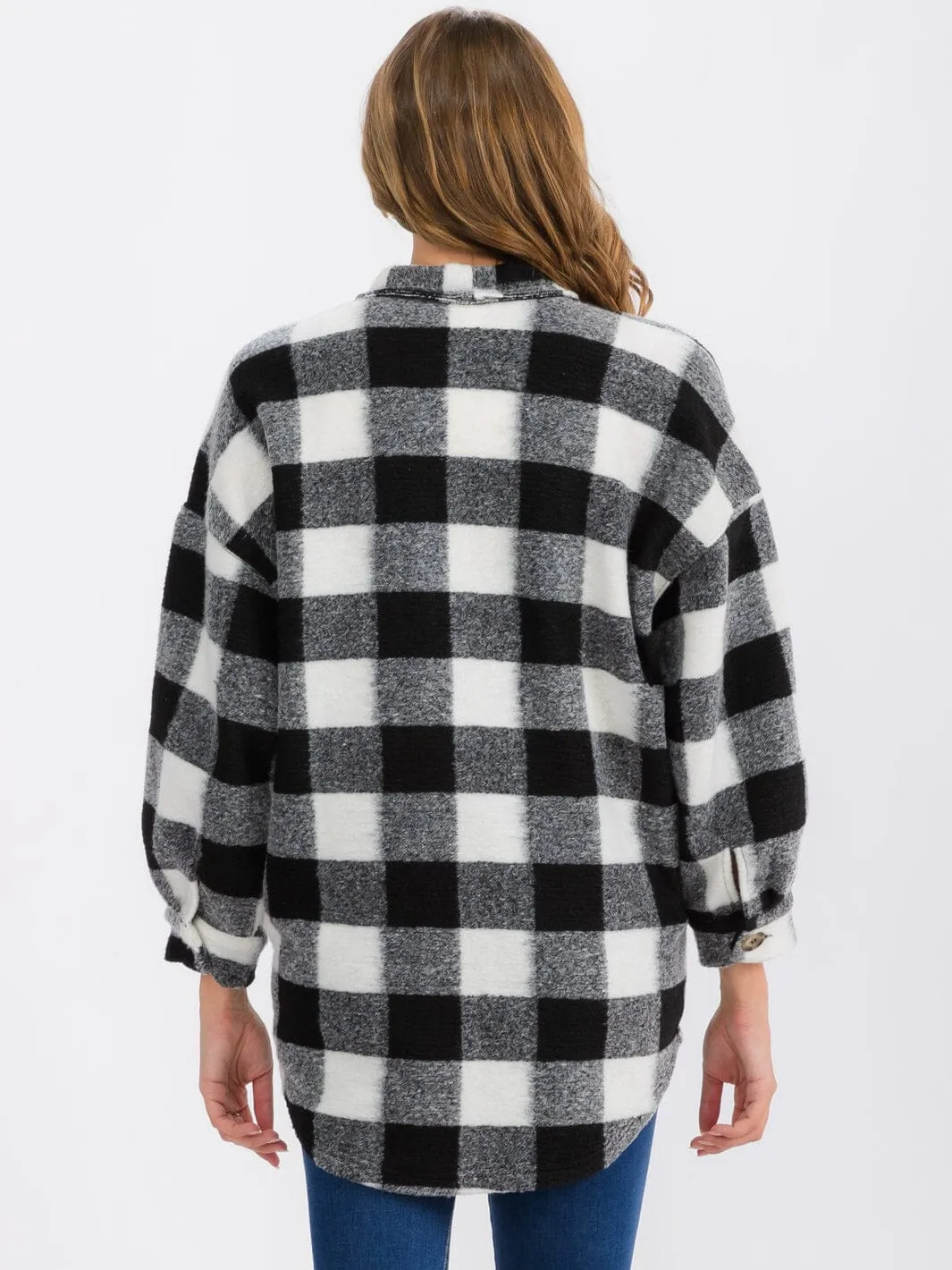 WOMEN'S LONG SLEEVE BUTTON CLOSURE FRONT POCKETS PLAID JACKET