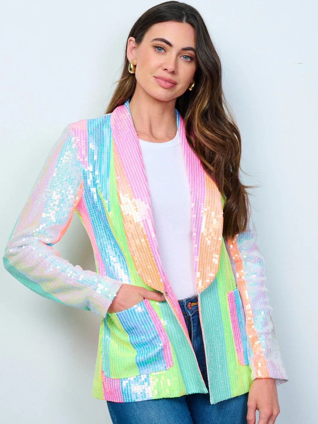 WOMEN'S LONG SLEEVE BUTTON CLOSURE SEQUINS COLORBLOCK BLAZER