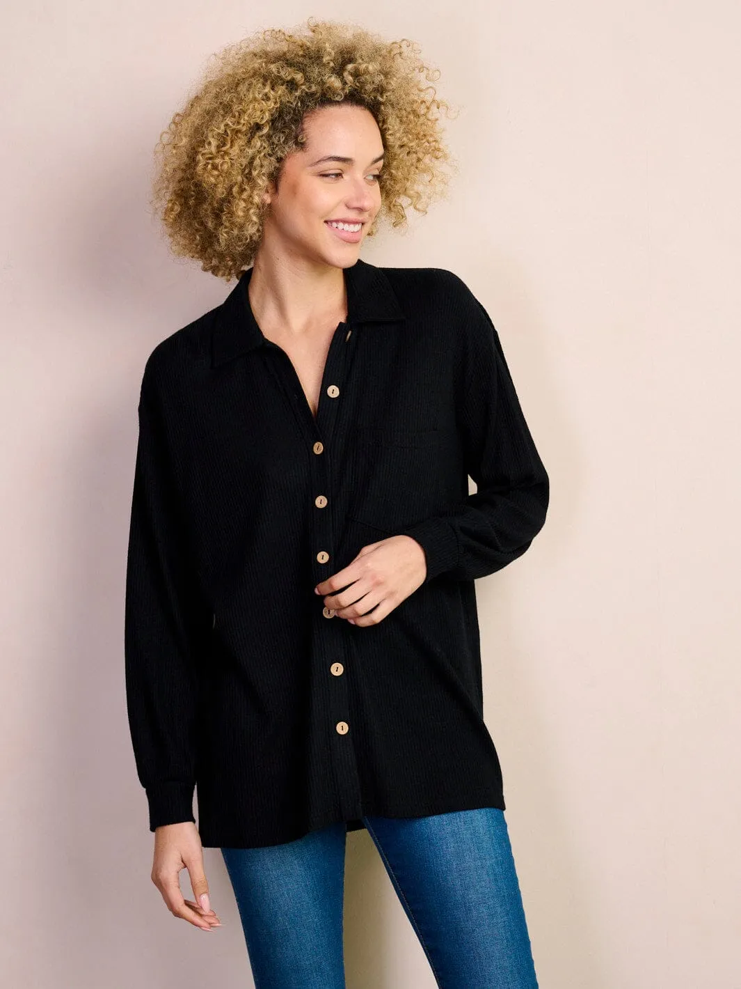 WOMEN'S LONG SLEEVE BUTTON UP FRONT POCKETS RIBBED BLOUSE TOP