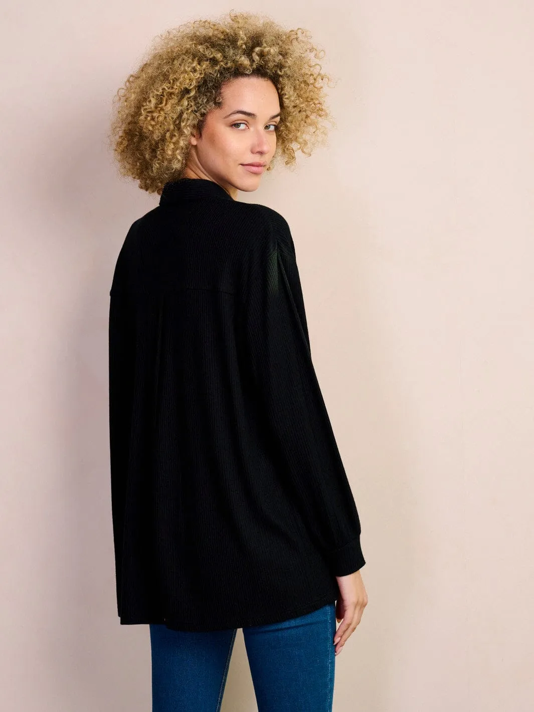 WOMEN'S LONG SLEEVE BUTTON UP FRONT POCKETS RIBBED BLOUSE TOP