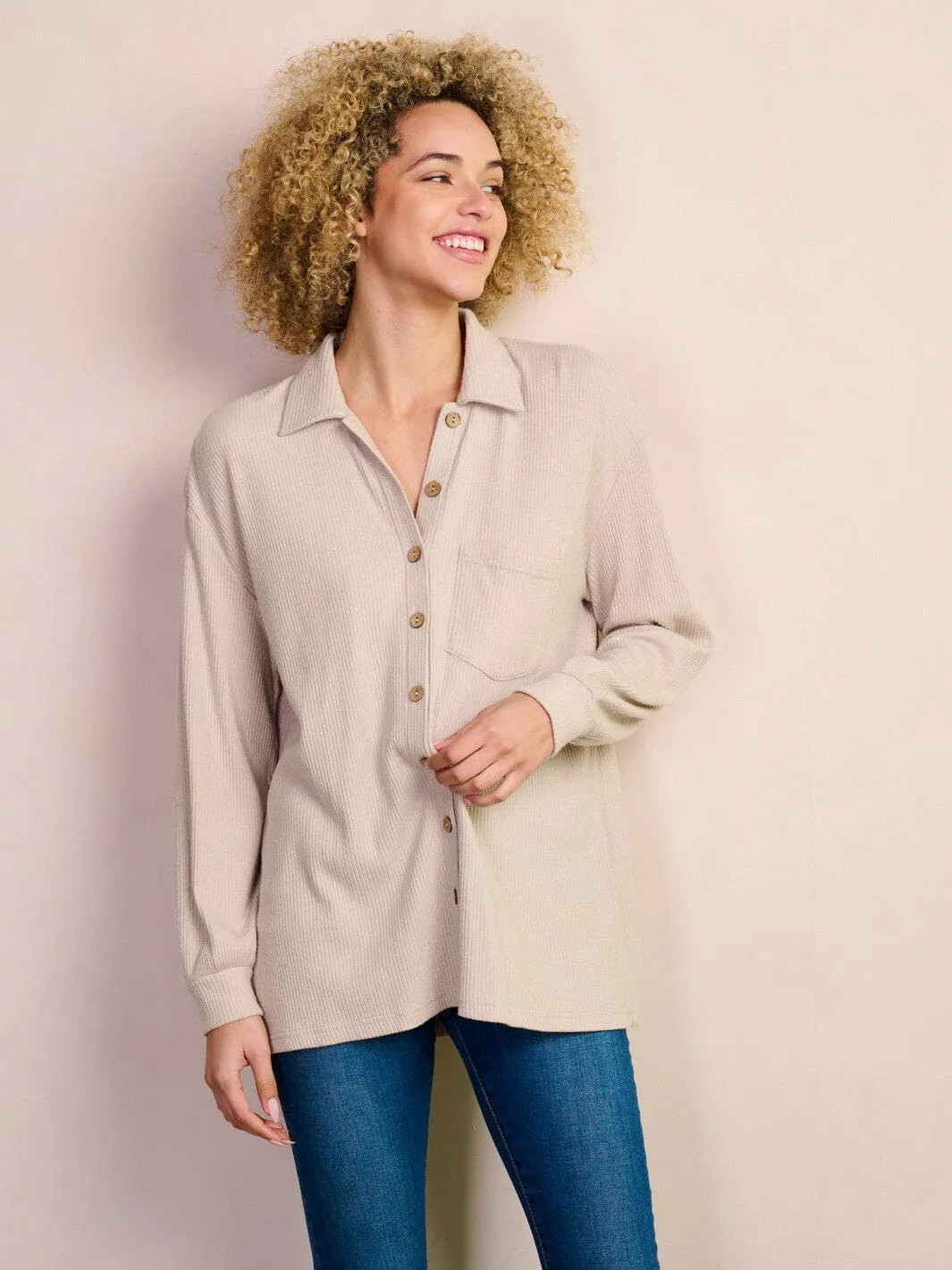 WOMEN'S LONG SLEEVE BUTTON UP FRONT POCKETS RIBBED BLOUSE TOP