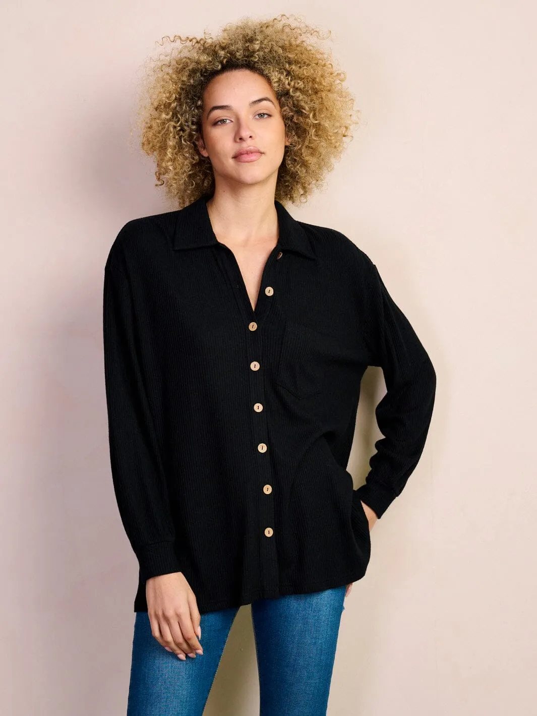 WOMEN'S LONG SLEEVE BUTTON UP FRONT POCKETS RIBBED BLOUSE TOP
