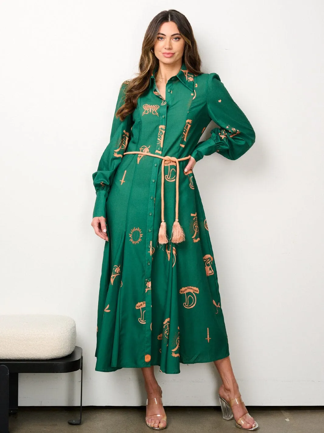 WOMEN'S LONG SLEEVE BUTTON UP MULTI PRINT SELF TIE MAXI DRESS
