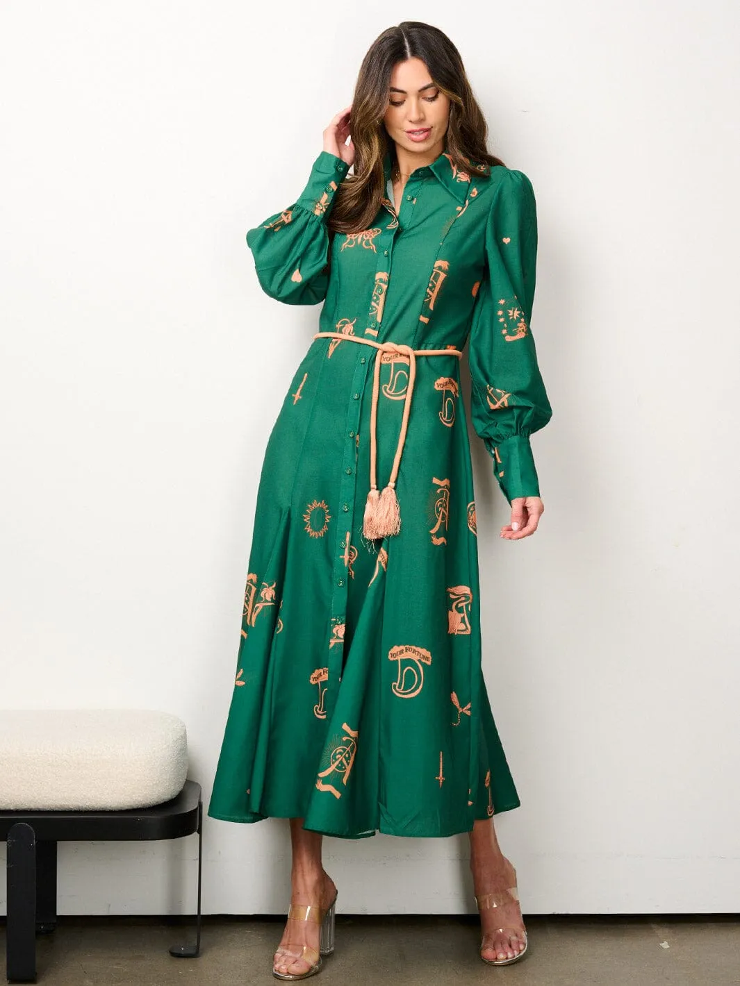 WOMEN'S LONG SLEEVE BUTTON UP MULTI PRINT SELF TIE MAXI DRESS