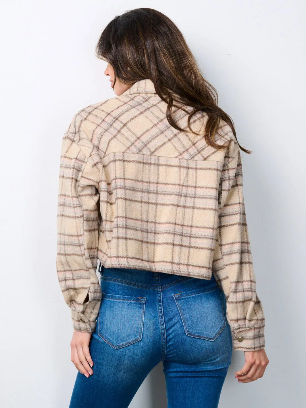 WOMEN'S LONG SLEEVE FRONT POCKETS BUTTON CLOSURE CROP JACKET