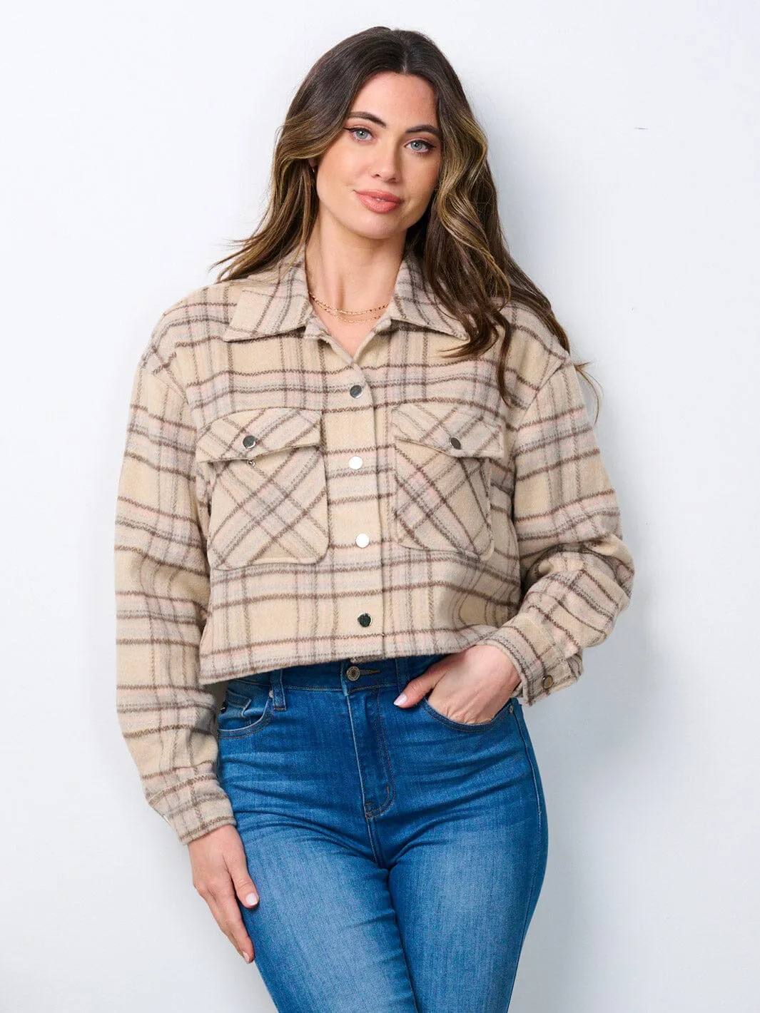 WOMEN'S LONG SLEEVE FRONT POCKETS BUTTON CLOSURE CROP JACKET