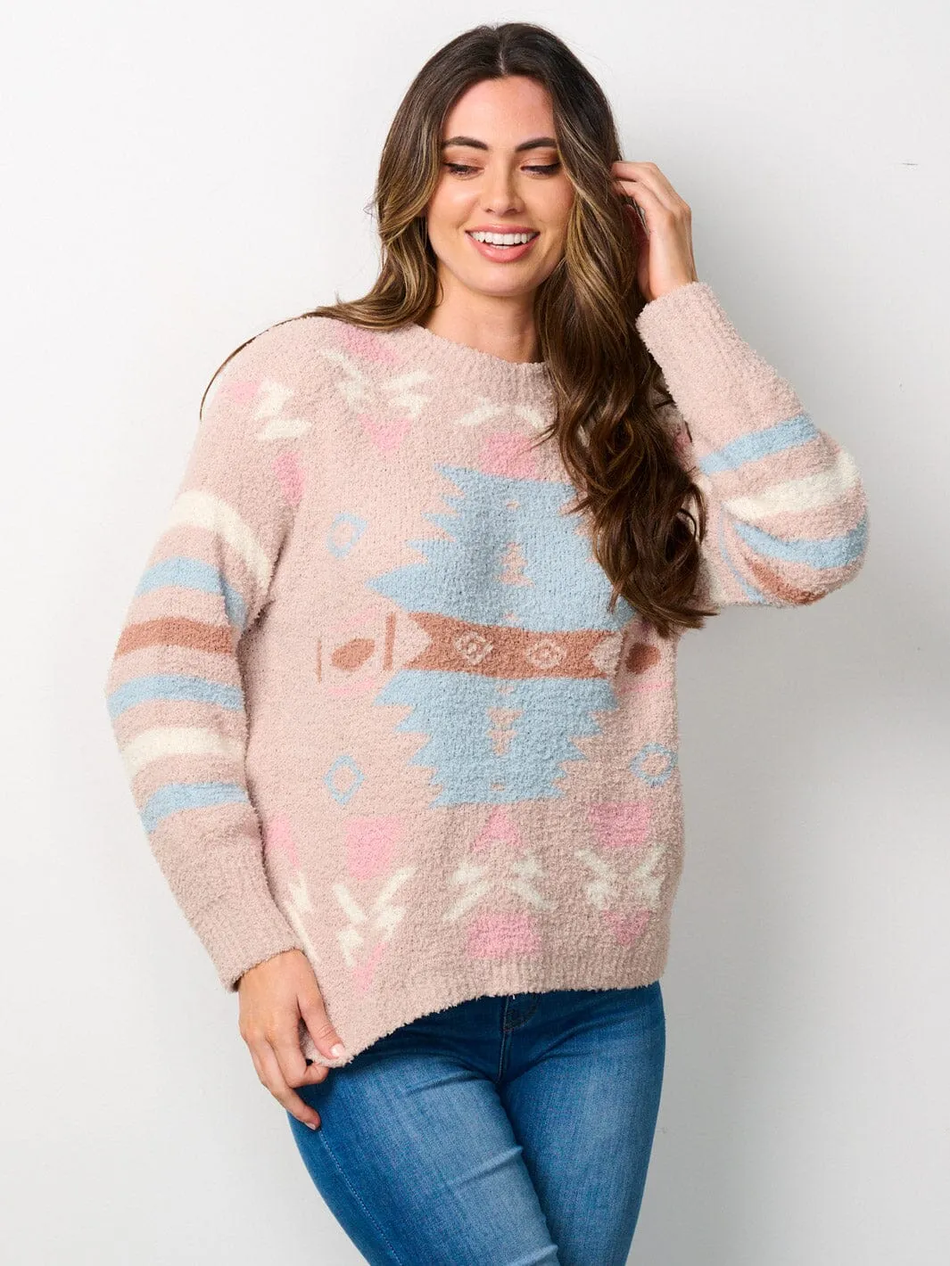 WOMEN'S LONG SLEEVE MULTI PRINT PULLOVER SWEATER