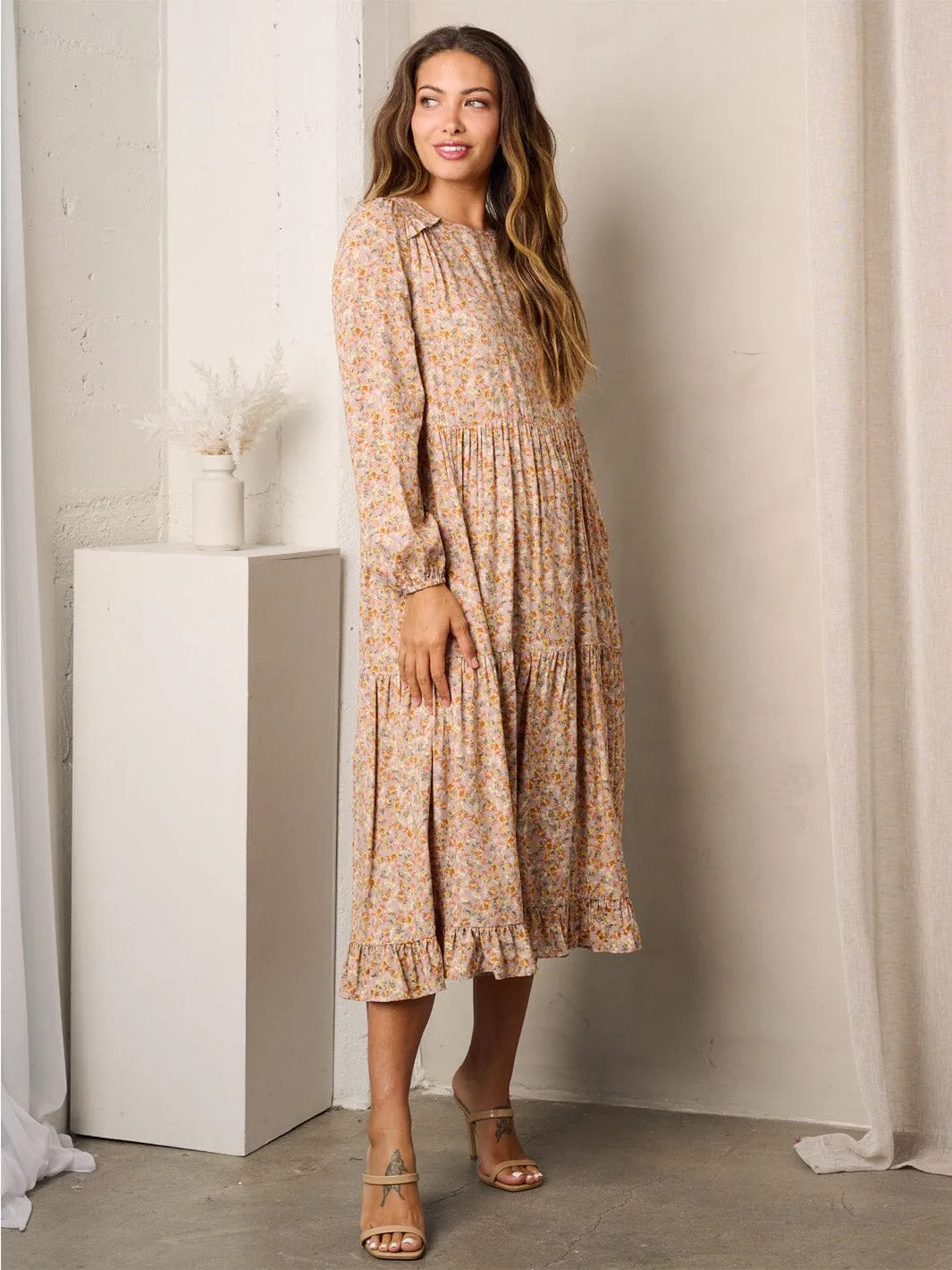 WOMEN'S LONG SLEEVE TIERED FLORAL MIDI DRESS