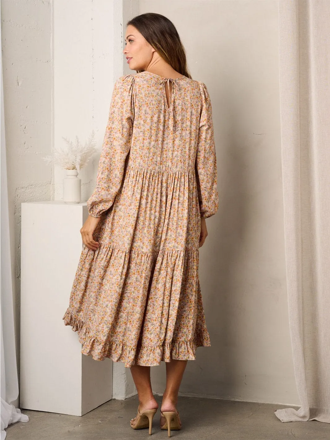 WOMEN'S LONG SLEEVE TIERED FLORAL MIDI DRESS