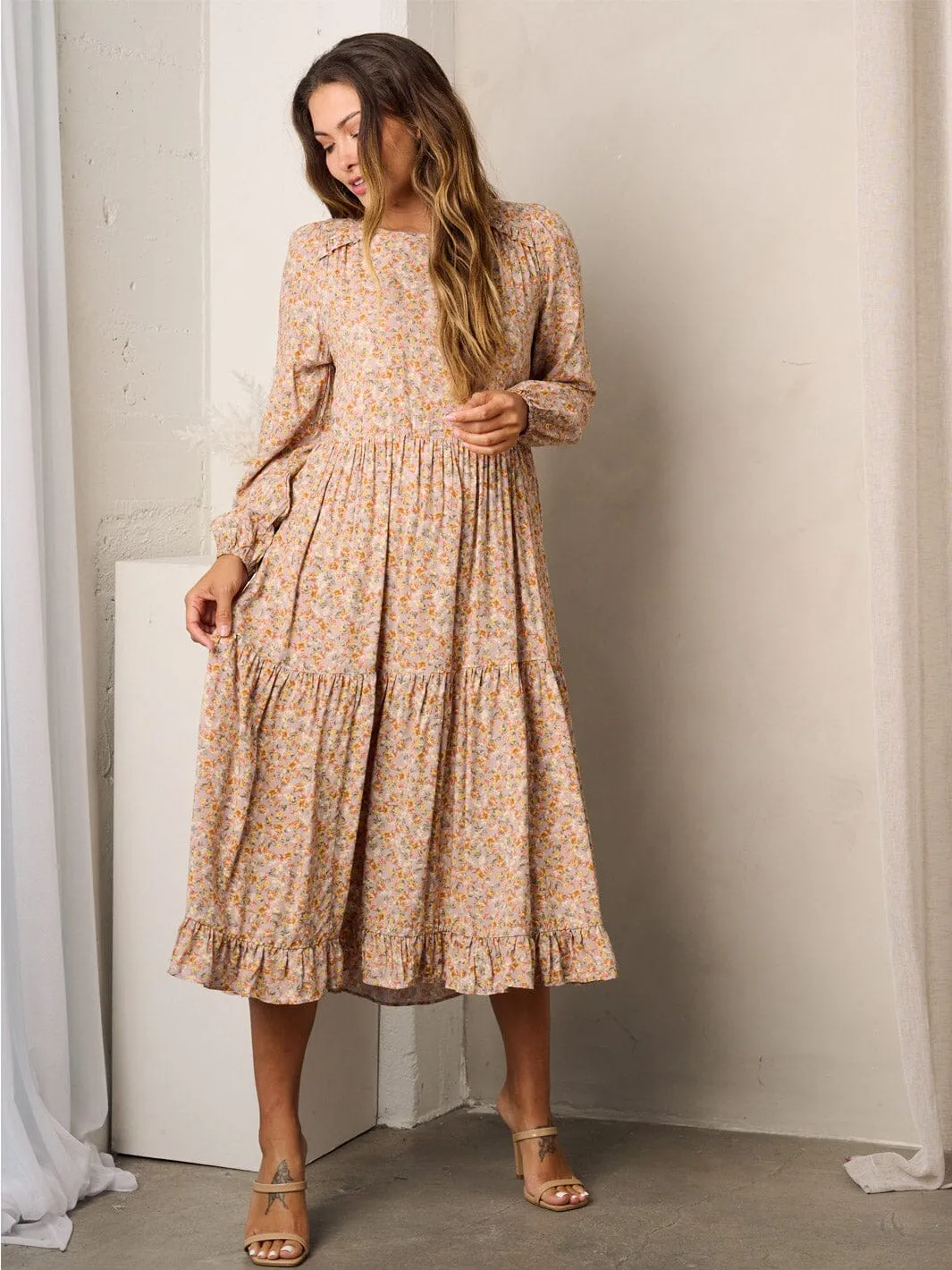 WOMEN'S LONG SLEEVE TIERED FLORAL MIDI DRESS
