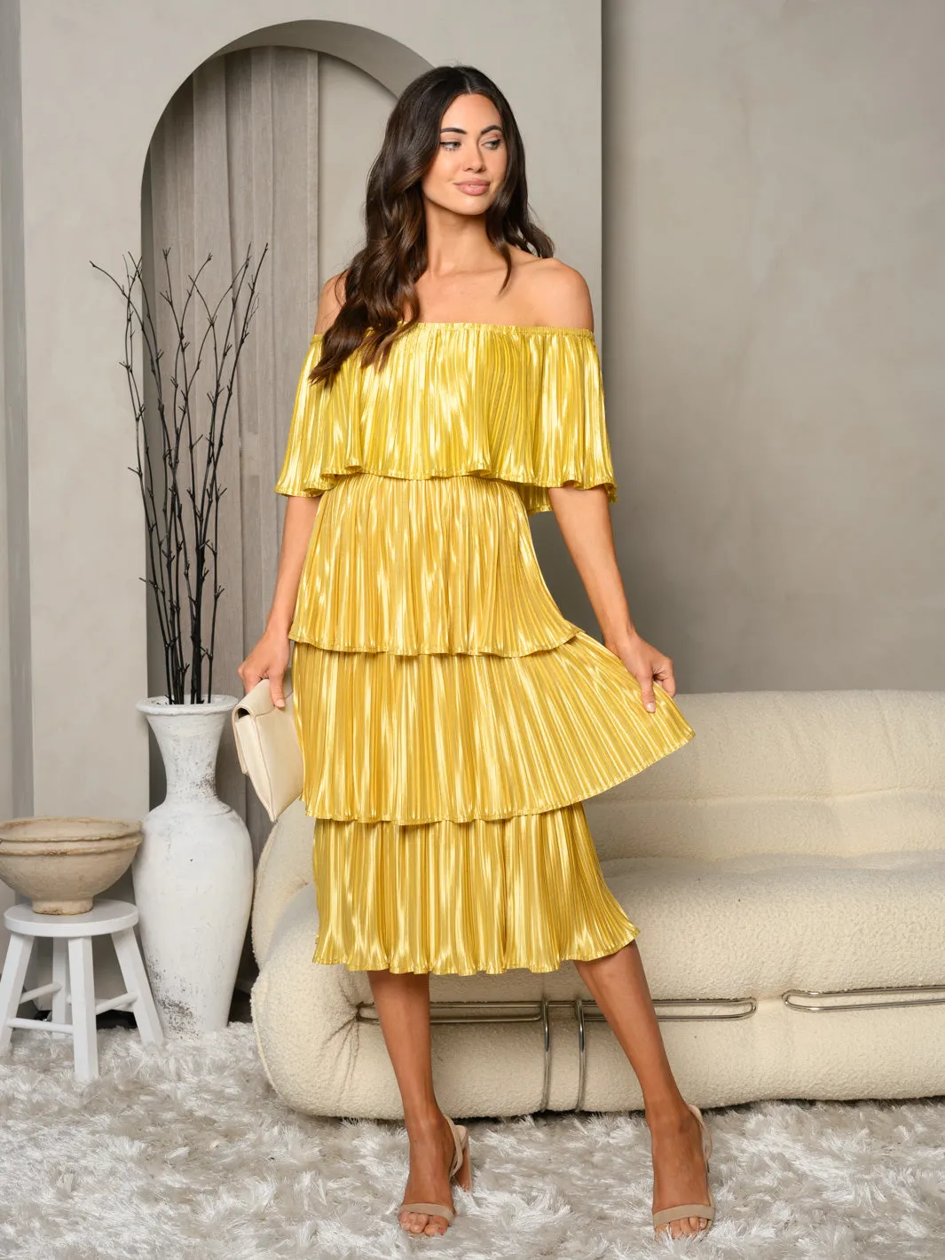 WOMEN'S OFF SHOULDER TIERED RUFFLE MIDI DRESS