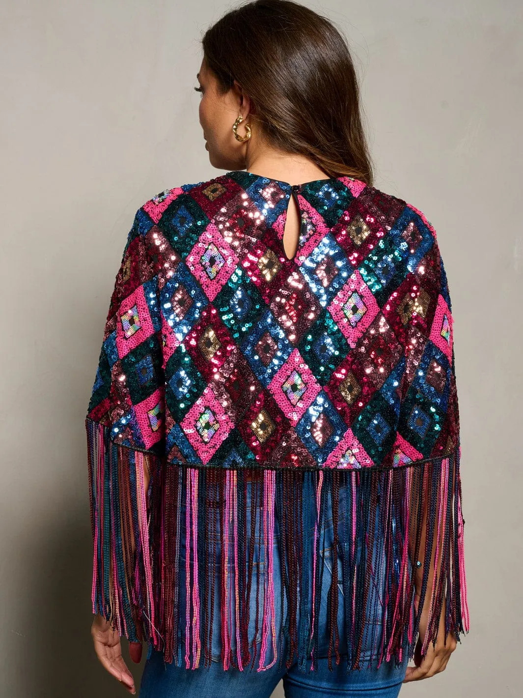 WOMEN'S SHORT SLEEVE SEQUINS FRINGE MULTI COLORS TOP