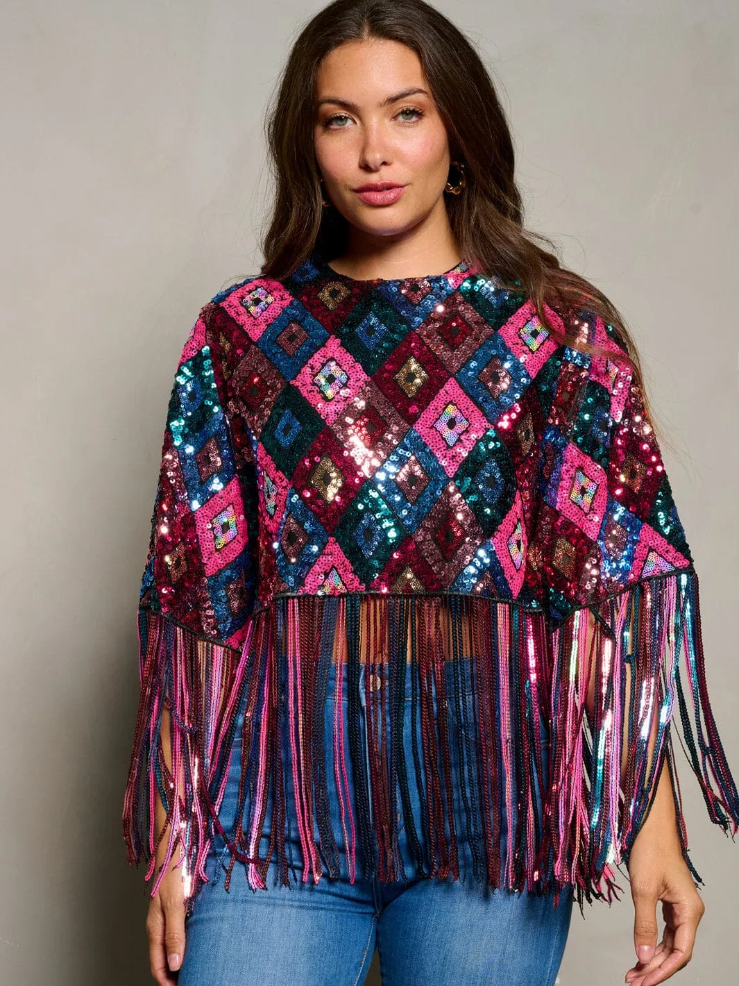 WOMEN'S SHORT SLEEVE SEQUINS FRINGE MULTI COLORS TOP