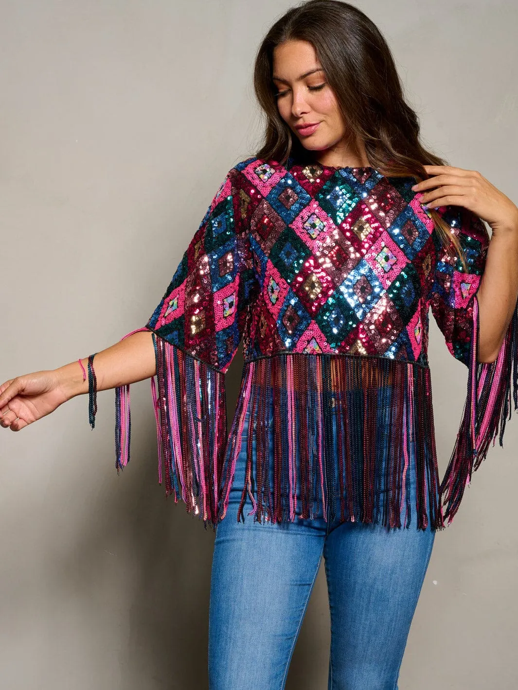 WOMEN'S SHORT SLEEVE SEQUINS FRINGE MULTI COLORS TOP