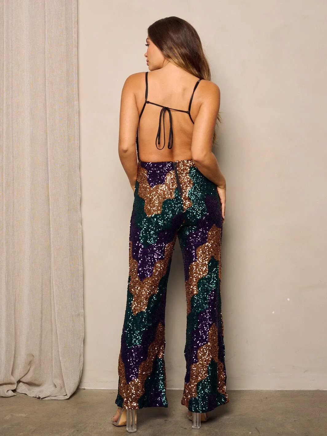 WOMEN'S SLEEVELESS OPEN BACK WIDE LEG SEQUINS MULTI COLOR JUMPSUIT
